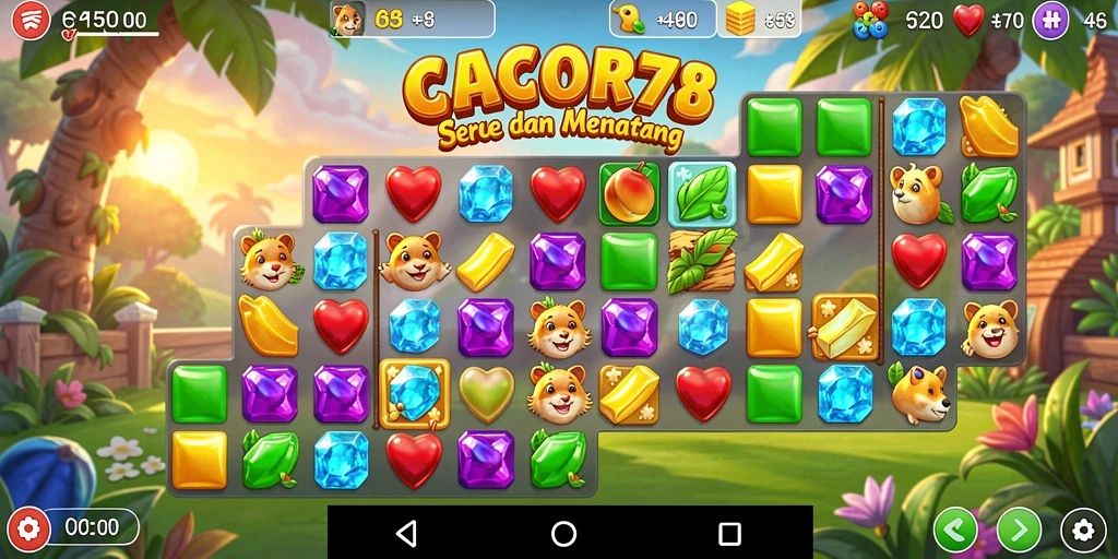 Tampilan gameplay seru permainan Match-3 CACOR78 dengan level penuh warna.