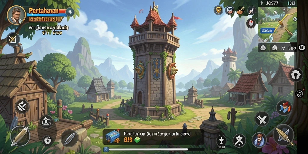 Screenshot gameplay JOS77 menampilkan pertahanan menara yang epik.