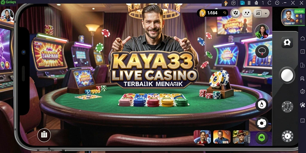 Screenshot gameplay KAYA33 menampilkan dealer live dan suasana kasino yang menyenangkan.