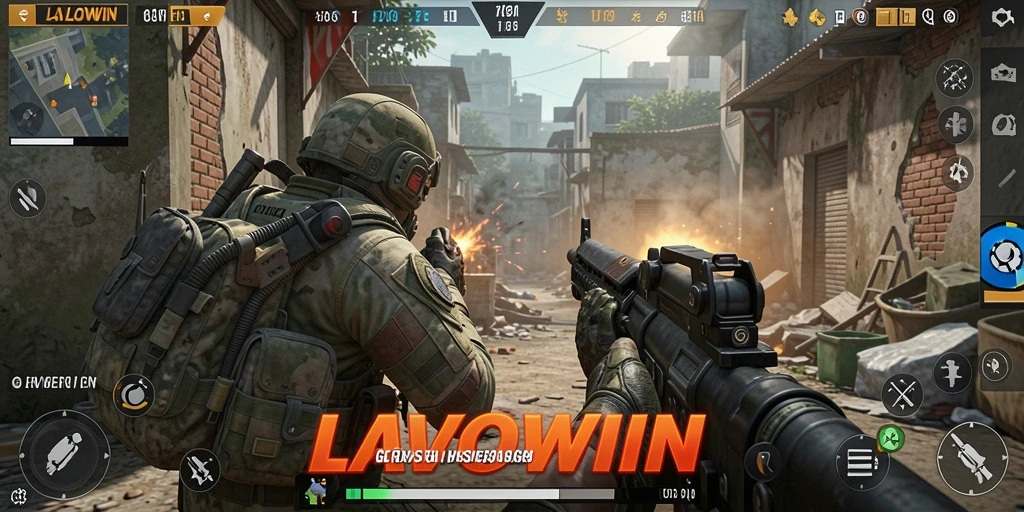 Screenshot gameplay LAVOWIN menampilkan aksi tembak-menembak yang intens.