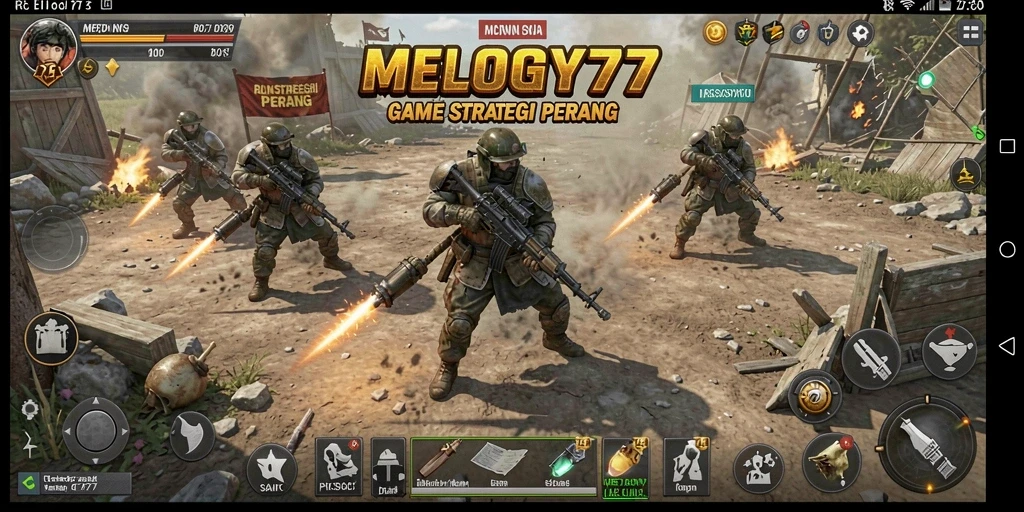 Tampilan screenshot utama MELODY77 menampilkan aksi pertempuran yang seru.