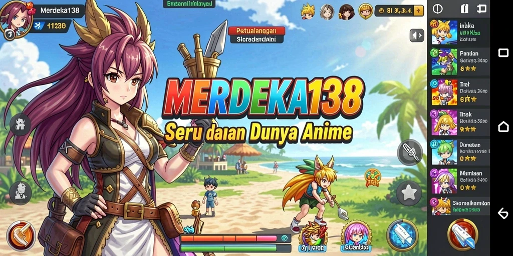 Tampilan gameplay epik dalam MERDEKA138 dengan karakter anime yang dinamis.