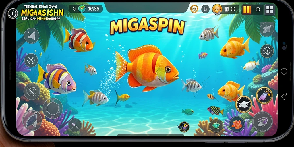 Tampilan gameplay seru di MIGASPIN dengan ikan beragam dan grafis menawan.