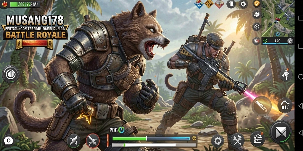 Tangkapan layar gameplay MUSANG178 menampilkan aksi Battle Royale yang mendebarkan.